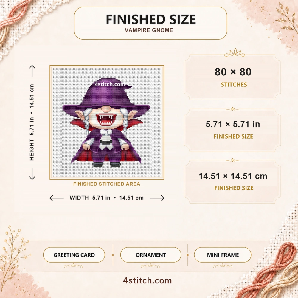 Vampire Halloween Gnome finished size guide with 80 by 80 stitches and framing ideas