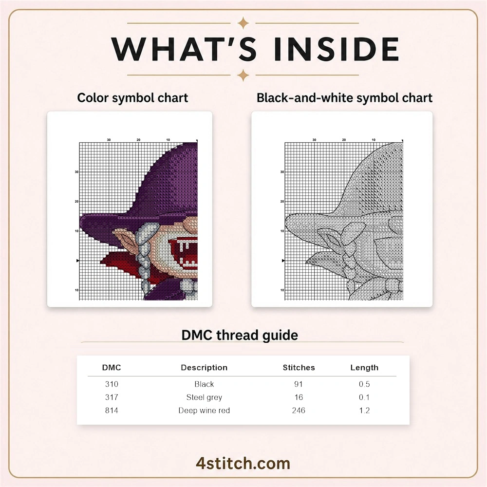 Partial color and black-and-white symbol chart previews with three-row DMC guide for the Vampire Halloween Gnome cross stitch pattern