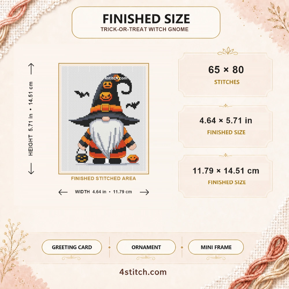 Trick-or-Treat Witch Gnome finished size guide with 65 by 80 stitches and framing ideas