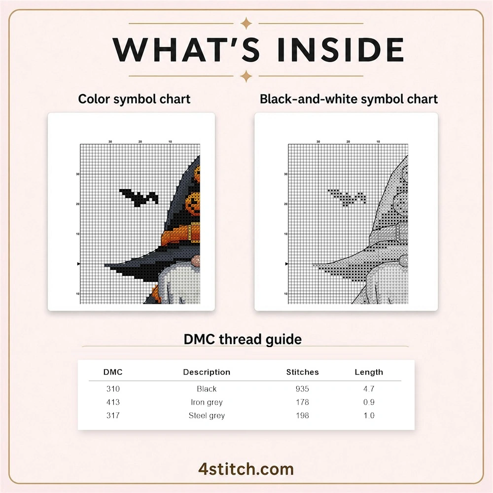 Partial color and black-and-white symbol chart previews with three-row DMC guide for the Trick-or-Treat Witch Gnome cross stitch pattern