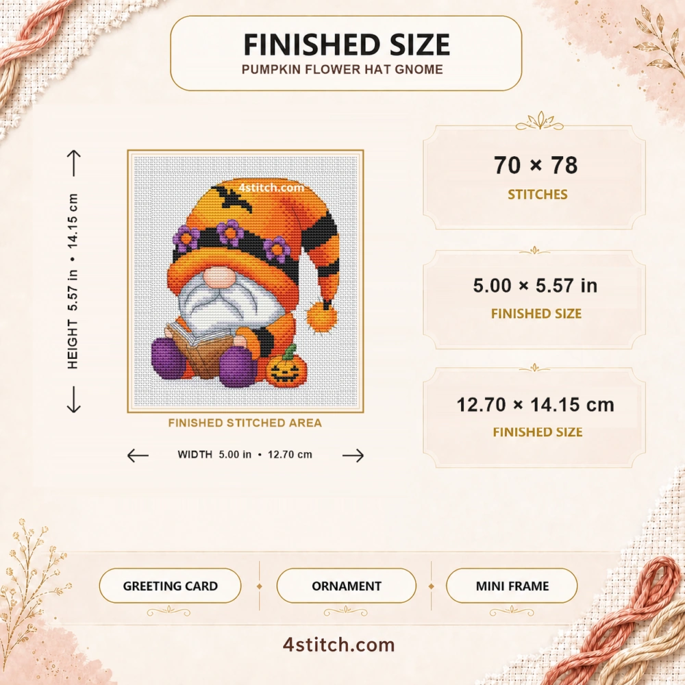Pumpkin Flower Hat Gnome finished size guide with 70 by 78 stitches and framing ideas