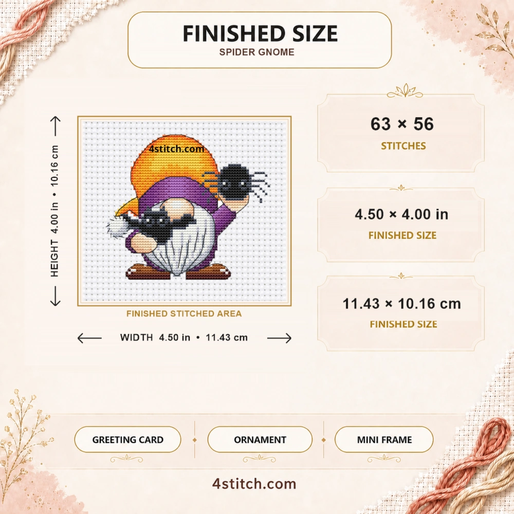 Spider Halloween Gnome finished size guide with 63 by 56 stitches on one continuous white Aida canvas