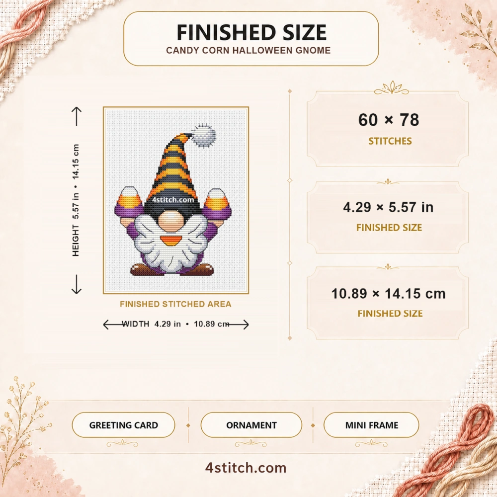 Candy Corn Halloween Gnome finished size guide with 60 by 78 stitches and framing ideas