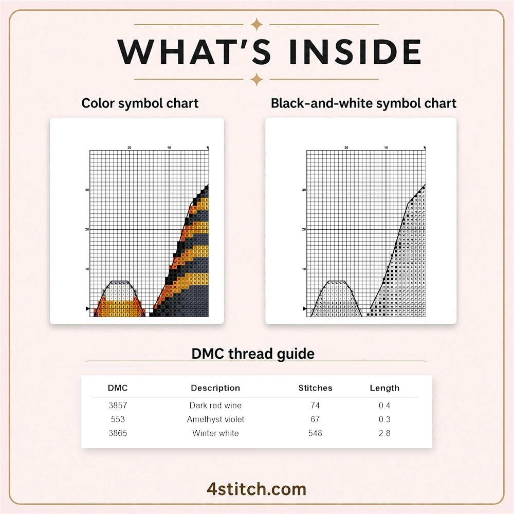 Partial color and black-and-white symbol chart previews with three-row DMC guide for the Candy Corn Halloween Gnome cross stitch pattern
