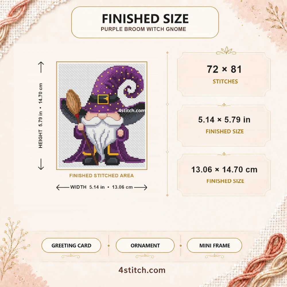 Purple Broom Witch Gnome finished size guide with 72 by 81 stitches and framing ideas