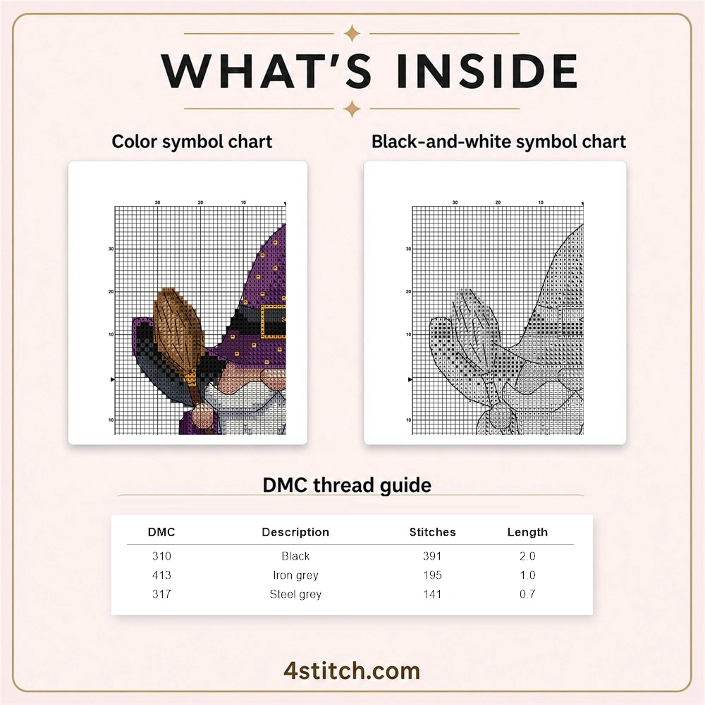 Partial color and black-and-white symbol chart previews with three-row DMC guide for the Purple Broom Witch Gnome cross stitch pattern