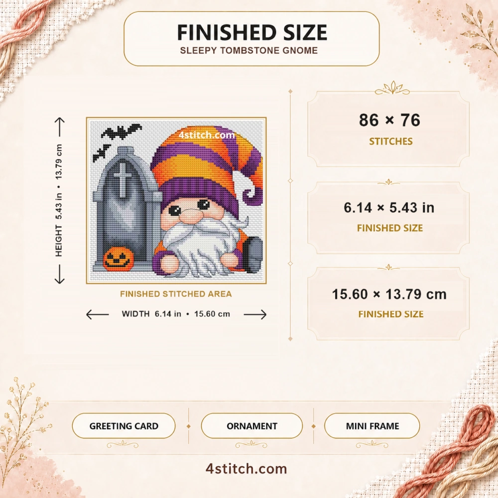 Sleepy Tombstone Halloween Gnome finished size guide with 86 by 76 stitches and framing ideas