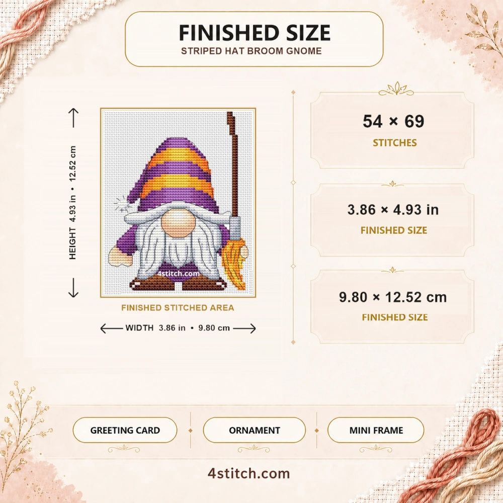 Striped Hat Broom Gnome finished size guide with 54 by 69 stitches and framing ideas