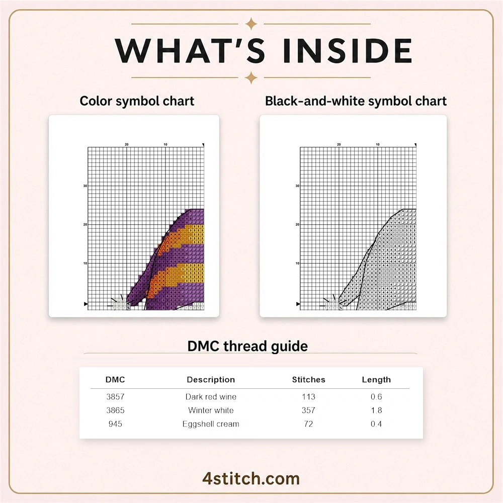 Partial color and black-and-white symbol chart previews with three-row DMC guide for the Striped Hat Broom Gnome cross stitch pattern