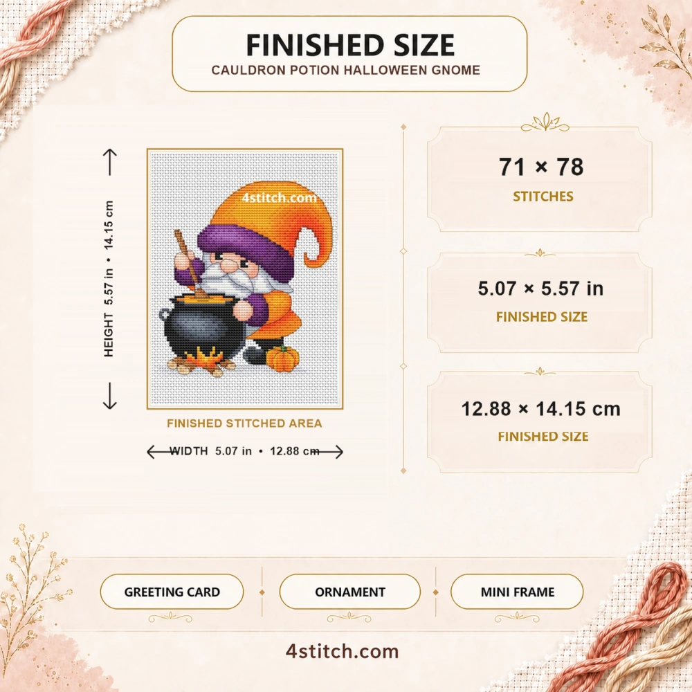 Cauldron Potion Halloween Gnome finished size guide with 71 by 78 stitches and framing ideas