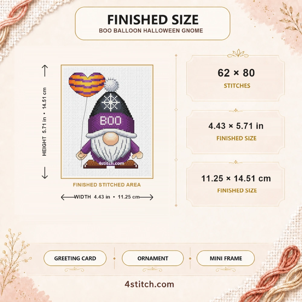 Boo Balloon Halloween Gnome finished size guide with 62 by 80 stitches and framing ideas