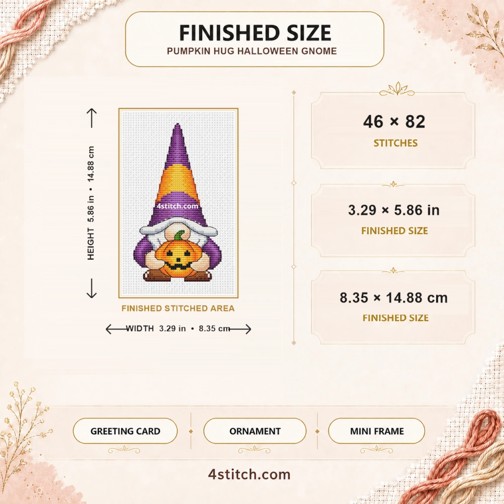 Pumpkin Hug Halloween Gnome finished size guide with 46 by 82 stitches and framing ideas