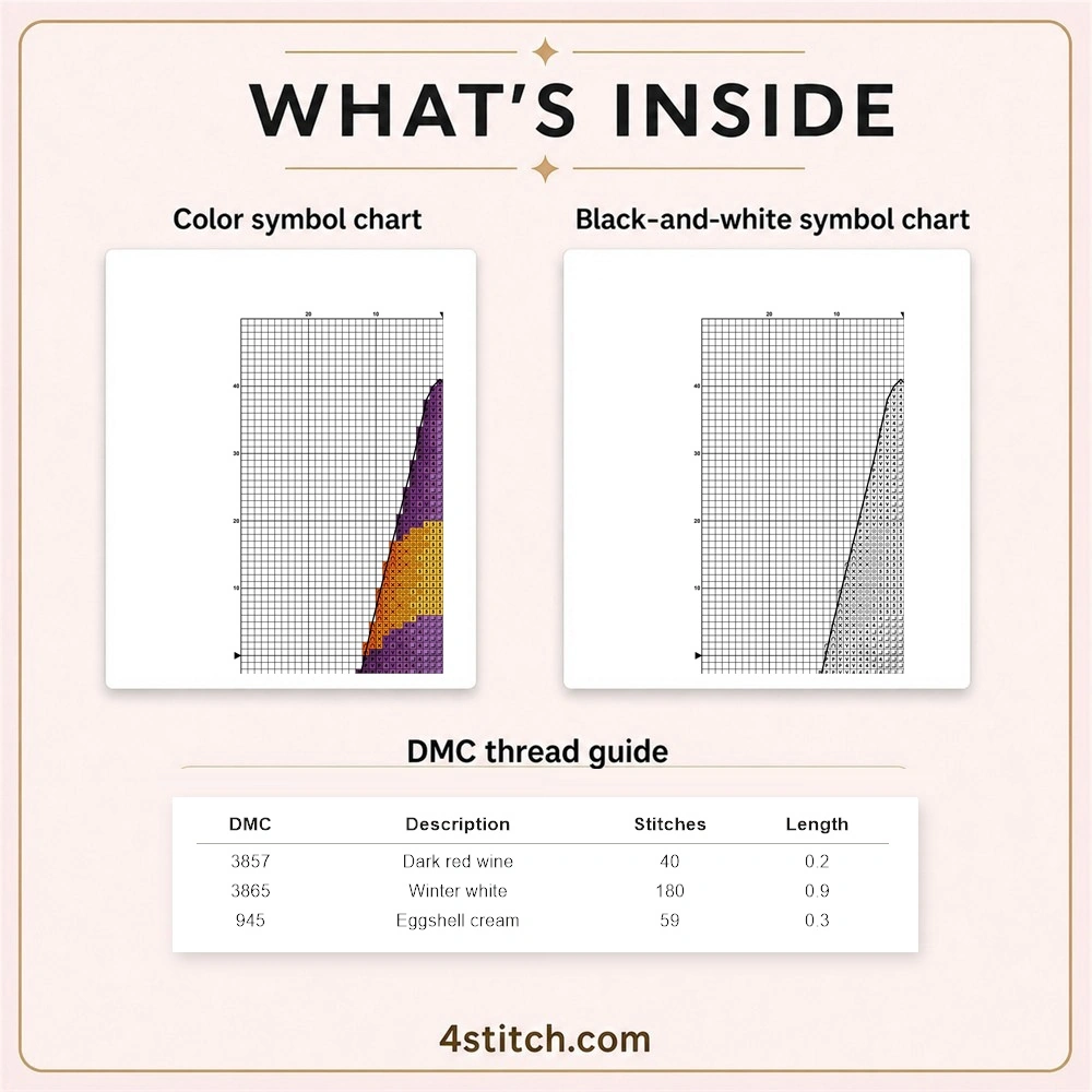 Partial color and black-and-white symbol chart previews with three-row DMC guide for the Pumpkin Hug Halloween Gnome cross stitch pattern