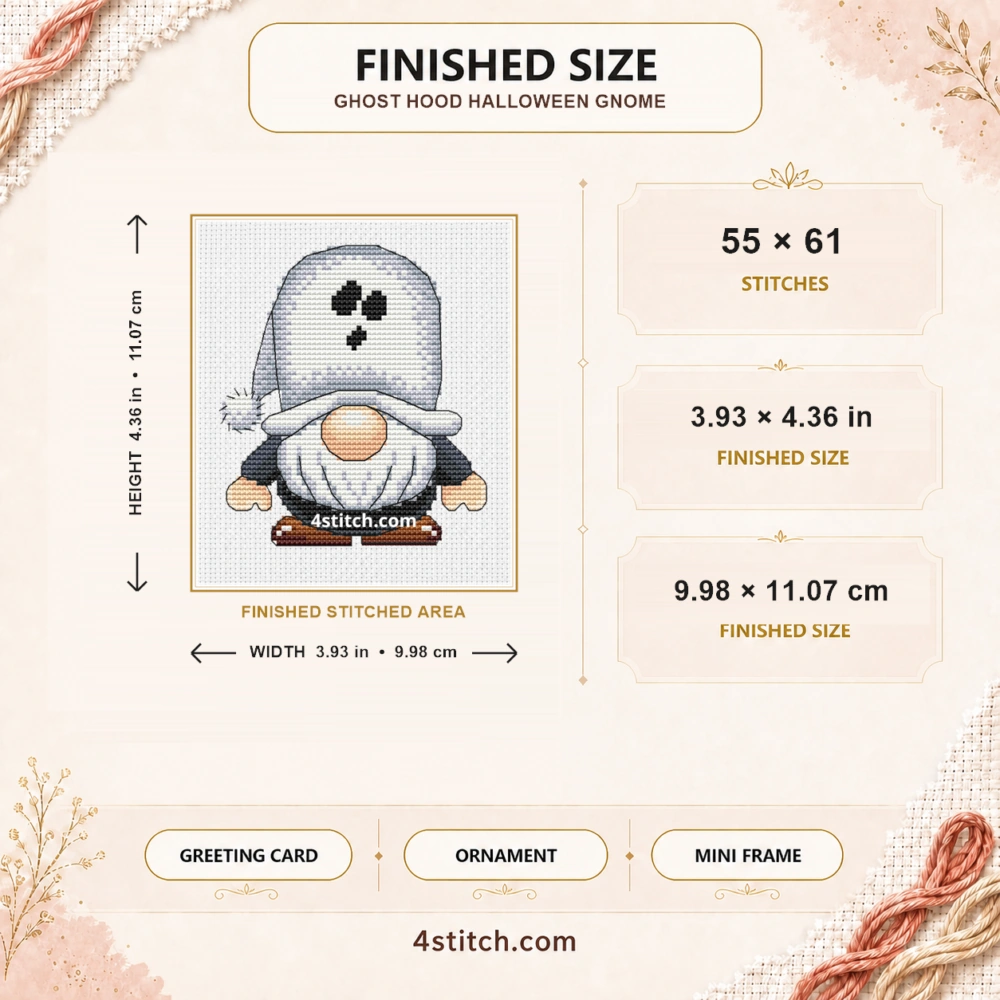 Ghost Hood Halloween Gnome finished size guide with 55 by 61 stitches and framing ideas