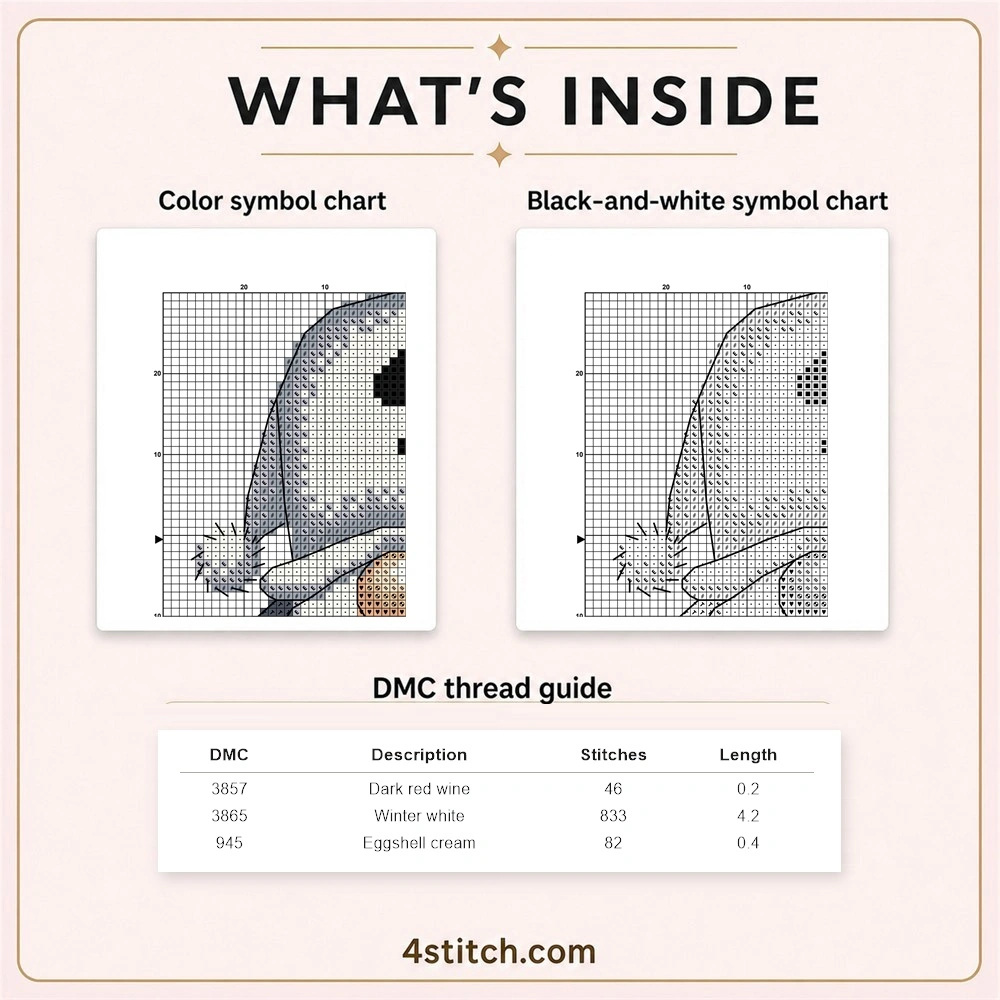 Partial color and black-and-white symbol chart previews with three-row DMC guide for the Ghost Hood Halloween Gnome cross stitch pattern
