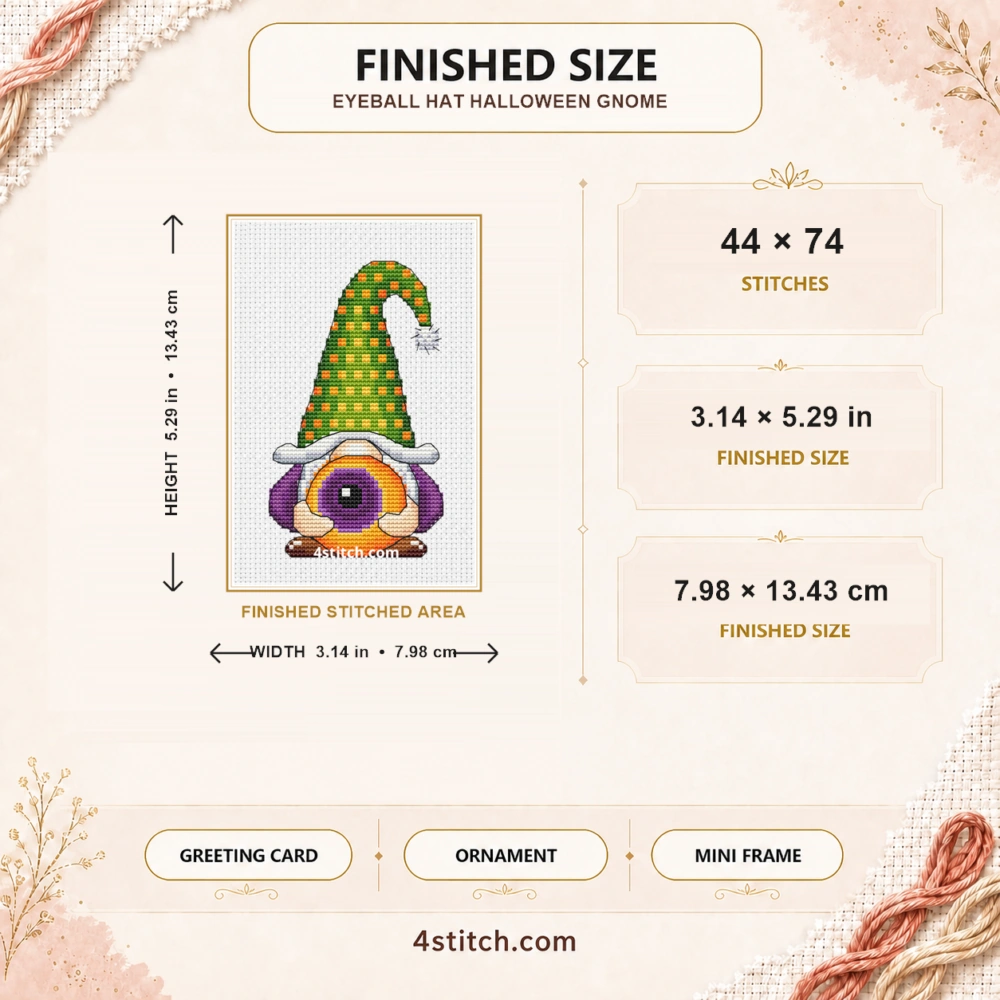 Eyeball Hat Halloween Gnome finished size guide with 44 by 74 stitches and framing ideas