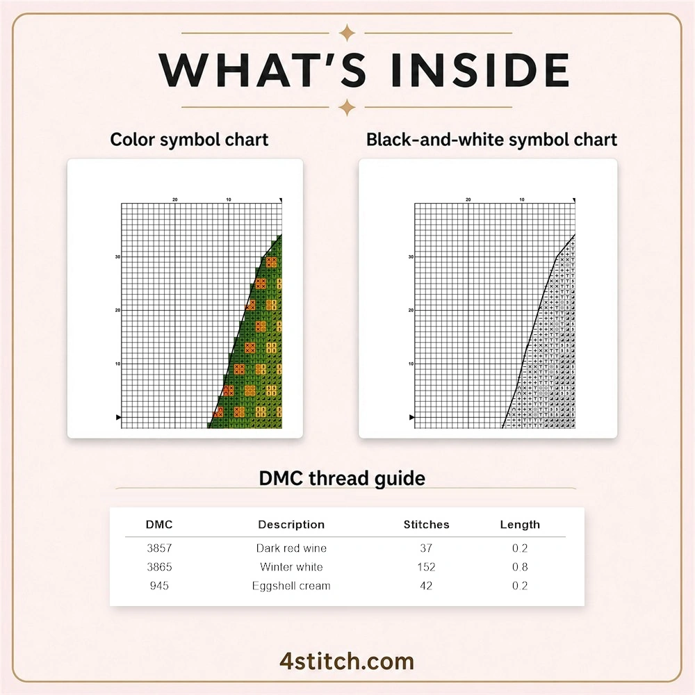Partial color and black-and-white symbol chart previews with three-row DMC guide for the Eyeball Hat Halloween Gnome cross stitch pattern