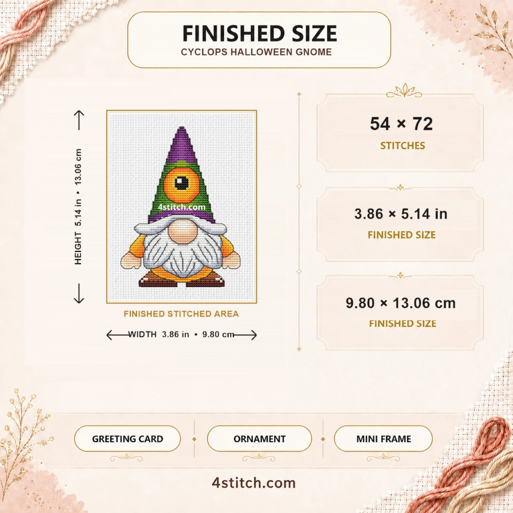 Cyclops Halloween Gnome finished size guide with 54 by 72 stitches and framing ideas