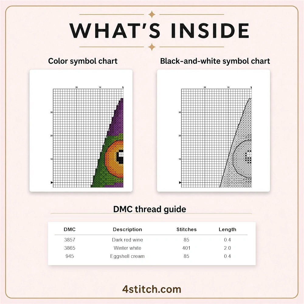 Partial color and black-and-white symbol chart previews with three-row DMC guide for the Cyclops Halloween Gnome cross stitch pattern