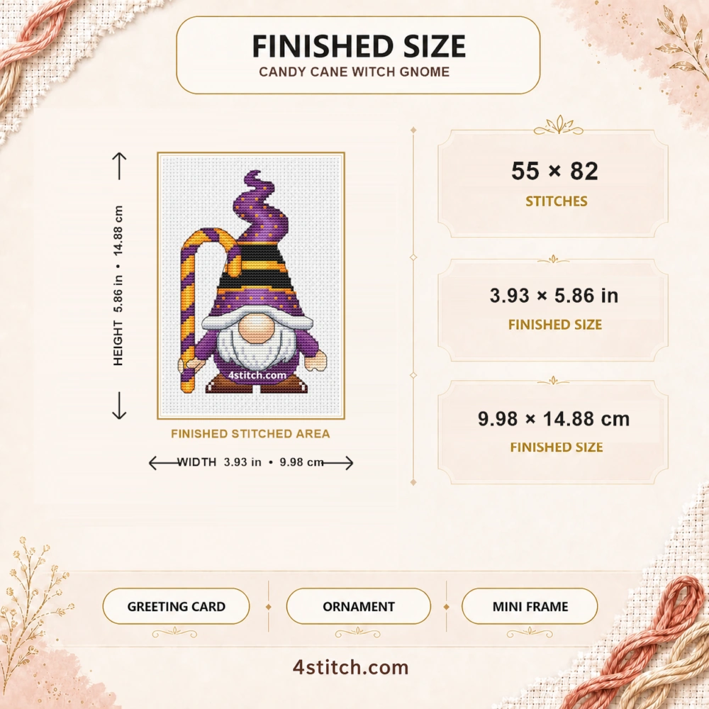 Candy Cane Witch Gnome finished size guide with 55 by 82 stitches and framing ideas