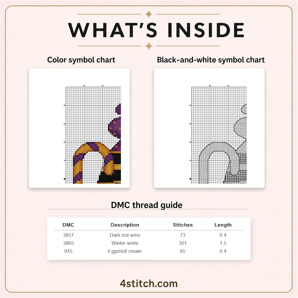 Partial color and black-and-white symbol chart previews with three-row DMC guide for the Candy Cane Witch Gnome cross stitch pattern