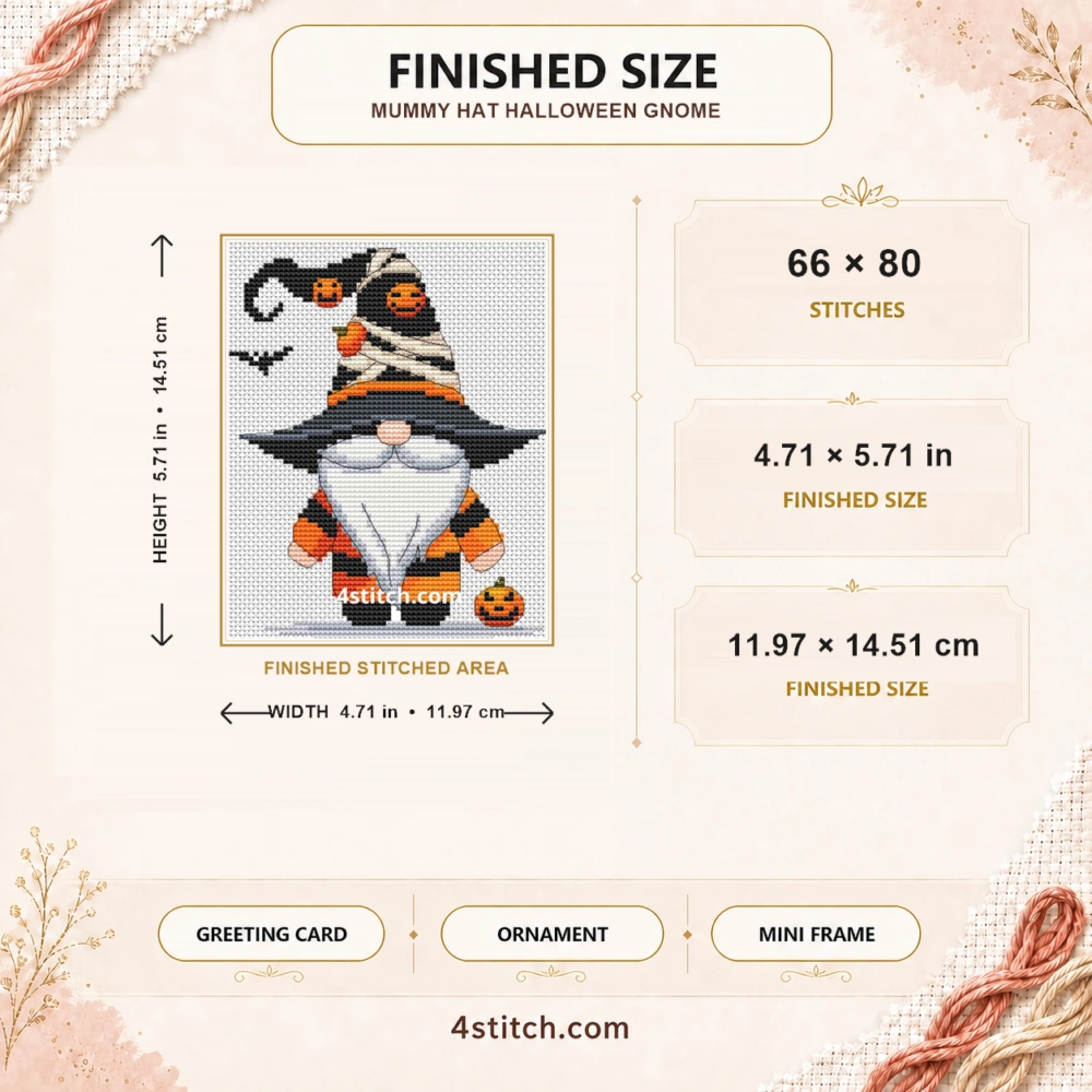 Finished size guide for the Mummy Hat Halloween Gnome Cross Stitch Pattern: 66 × 80 stitches, 4.71 × 5.71 in (11.97 × 14.51 cm), with complete stitched motif and width and height arrows.
