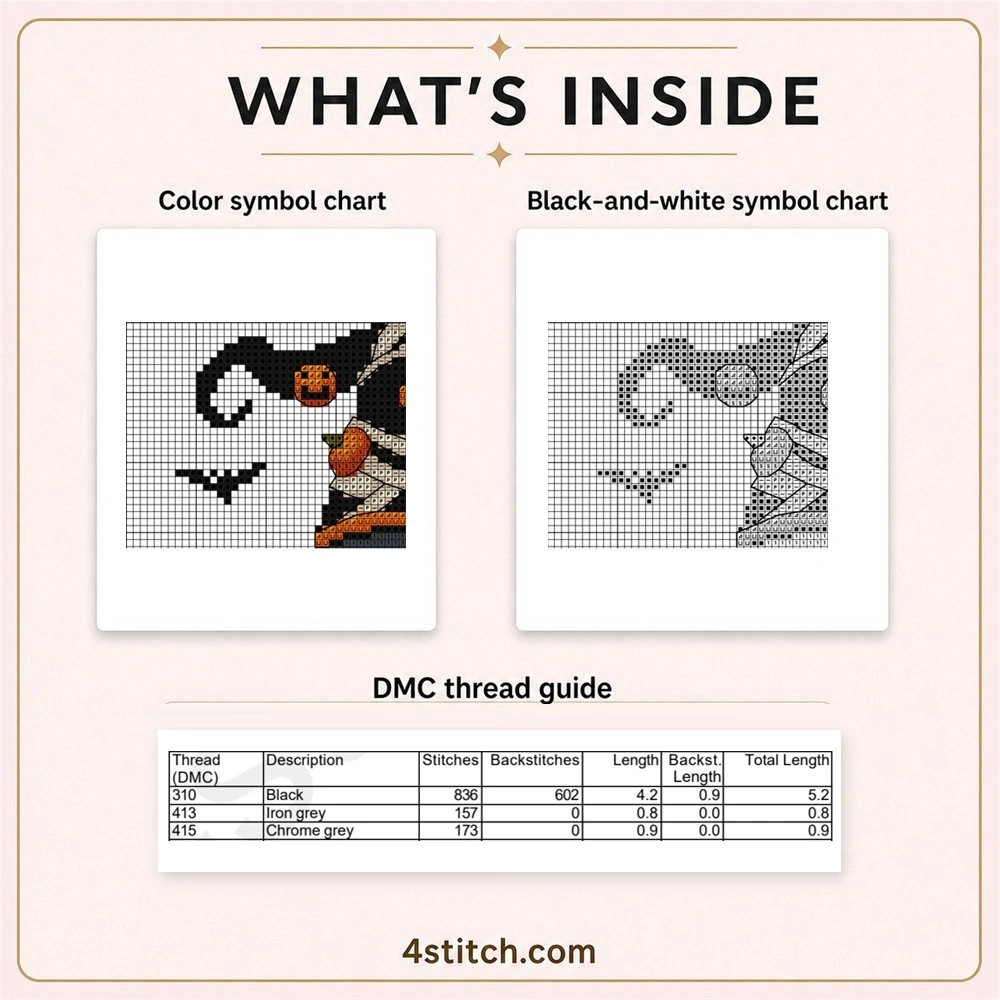 Partial color and black-and-white symbol chart previews with the first three factual DMC thread rows for the Mummy Hat Halloween Gnome Cross Stitch Pattern.