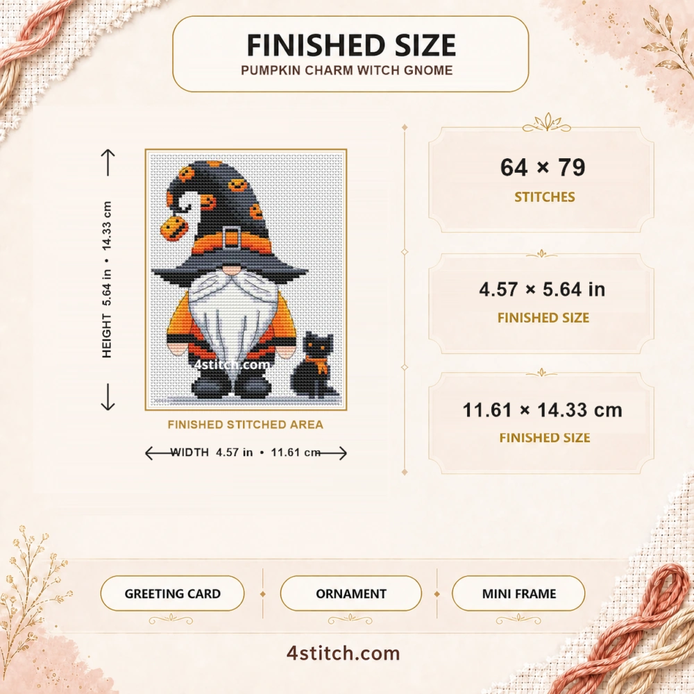 Finished size guide for the Pumpkin Charm Witch Gnome Cross Stitch Pattern: 64 × 79 stitches, 4.57 × 5.64 in (11.61 × 14.33 cm), with complete stitched motif and width and height arrows.