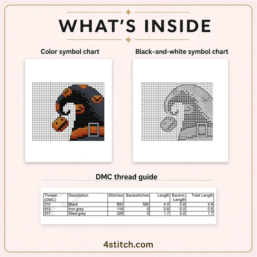 Partial color and black-and-white symbol chart previews with the first three factual DMC thread rows for the Pumpkin Charm Witch Gnome Cross Stitch Pattern.