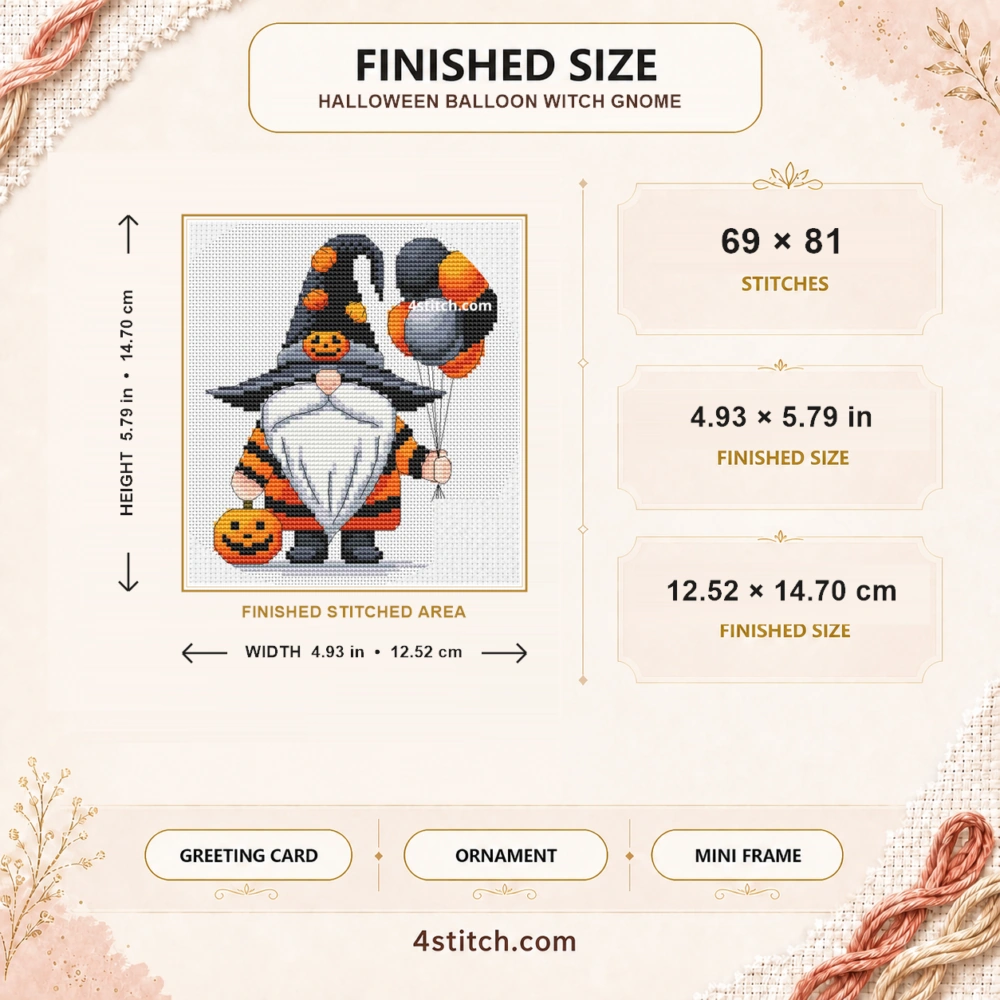 Finished size guide for the Halloween Balloon Witch Gnome Cross Stitch Pattern: 69 × 81 stitches, 4.93 × 5.79 in (12.52 × 14.70 cm), with complete stitched motif and width and height arrows.