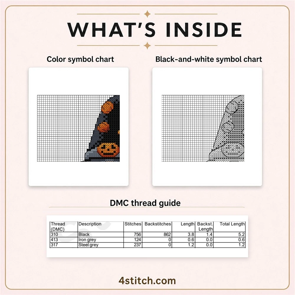 Partial color and black-and-white symbol chart previews with the first three factual DMC thread rows for the Halloween Balloon Witch Gnome Cross Stitch Pattern.