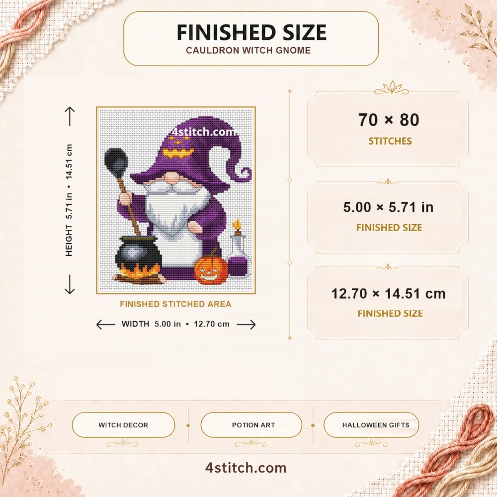 Finished size guide for the Cauldron Witch Gnome Cross Stitch Pattern: 70 × 80 stitches, 5.00 × 5.71 in (12.70 × 14.51 cm), with complete motif and width and height arrows.