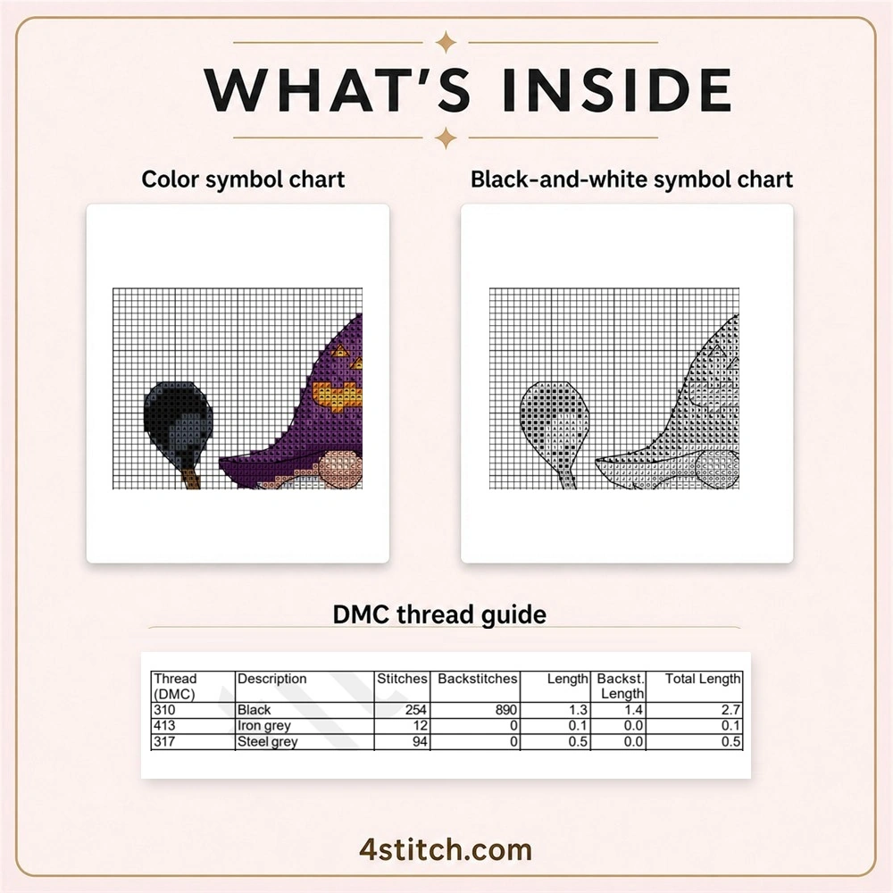 Partial color and black-and-white symbol chart previews with the first three factual DMC thread rows for the Cauldron Witch Gnome Cross Stitch Pattern.