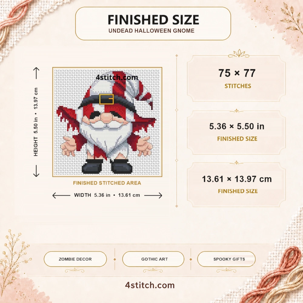 Finished size guide for the Undead Halloween Gnome Cross Stitch Pattern: 75 × 77 stitches, 5.36 × 5.50 in (13.61 × 13.97 cm), with complete motif and width and height arrows.