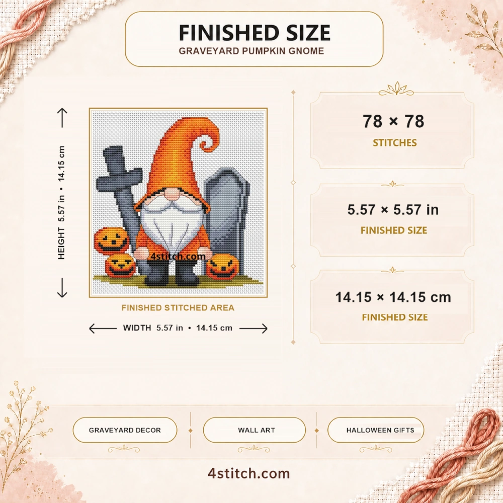 Finished size guide for the Graveyard Pumpkin Gnome Cross Stitch Pattern: 78 × 78 stitches, 5.57 × 5.57 in (14.15 × 14.15 cm), with complete motif and width and height arrows.