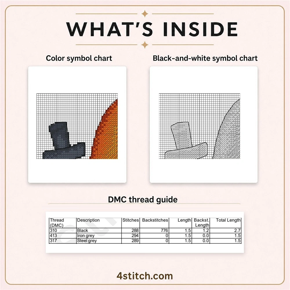 Partial color and black-and-white symbol chart previews with the first three factual DMC thread rows for the Graveyard Pumpkin Gnome Cross Stitch Pattern.