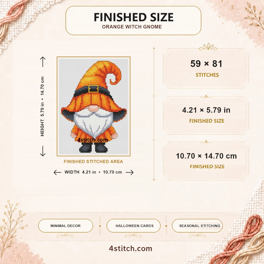 Finished size guide for the Orange Witch Gnome Cross Stitch Pattern: 59 × 81 stitches, 4.21 × 5.79 in (10.70 × 14.70 cm), with complete motif and width and height arrows.