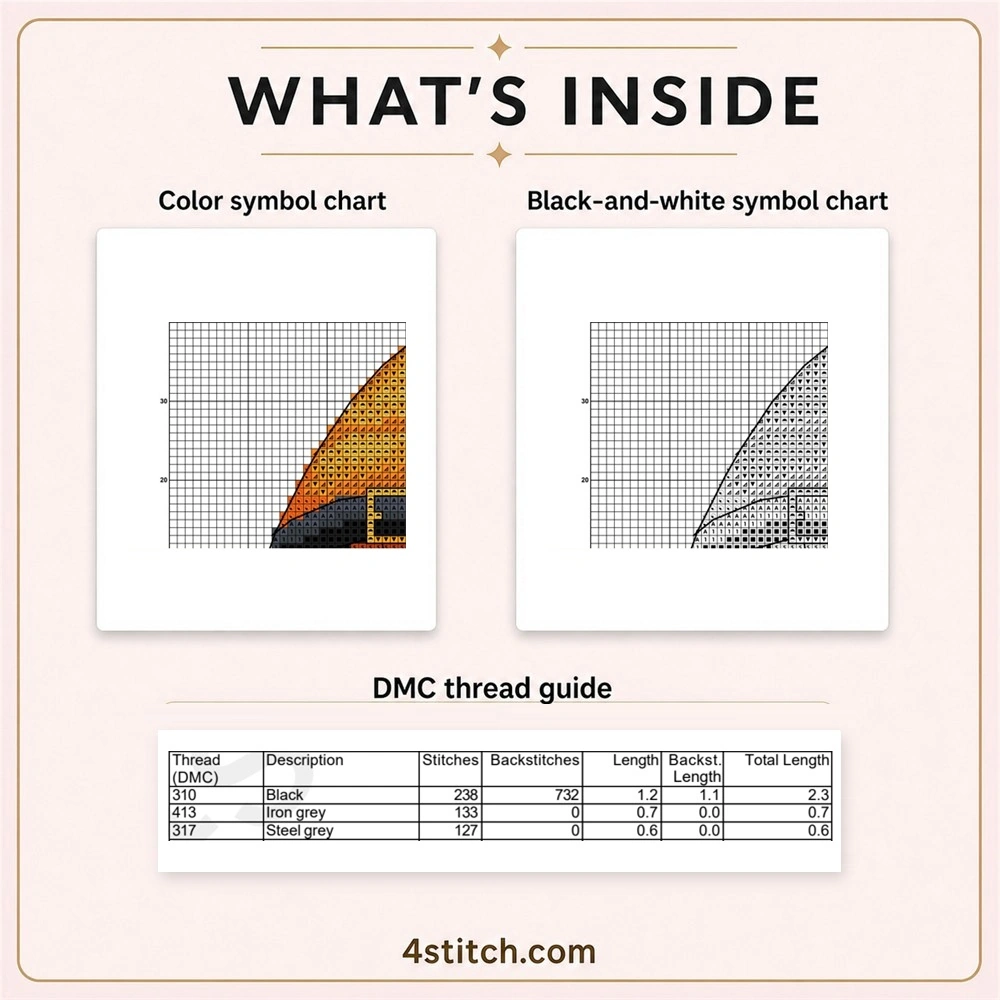 Partial color and black-and-white symbol chart previews with the first three factual DMC thread rows for the Orange Witch Gnome Cross Stitch Pattern.