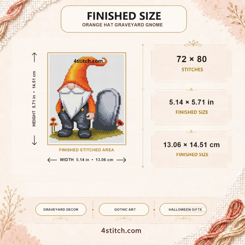 Finished size guide for the Orange Hat Graveyard Gnome Cross Stitch Pattern: 72 × 80 stitches, 5.14 × 5.71 in (13.06 × 14.51 cm), with complete motif and width and height arrows.