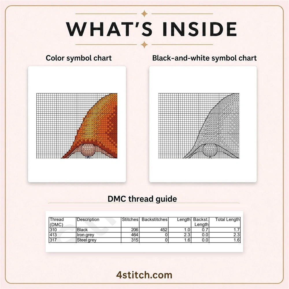 Partial color and black-and-white symbol chart previews with the first three factual DMC thread rows for the Orange Hat Graveyard Gnome Cross Stitch Pattern.