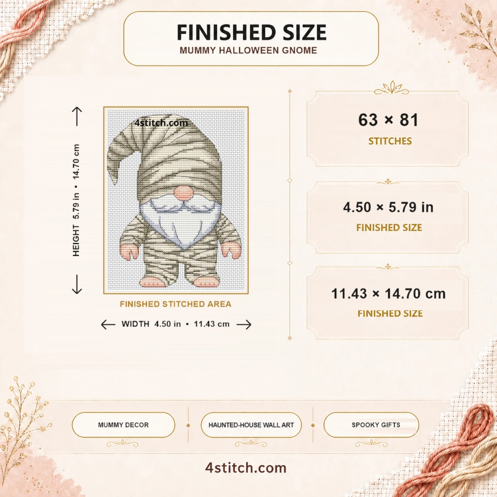 Finished size guide for the Mummy Halloween Gnome Cross Stitch Pattern: 63 × 81 stitches, 4.50 × 5.79 in (11.43 × 14.70 cm), with complete motif and width and height arrows.