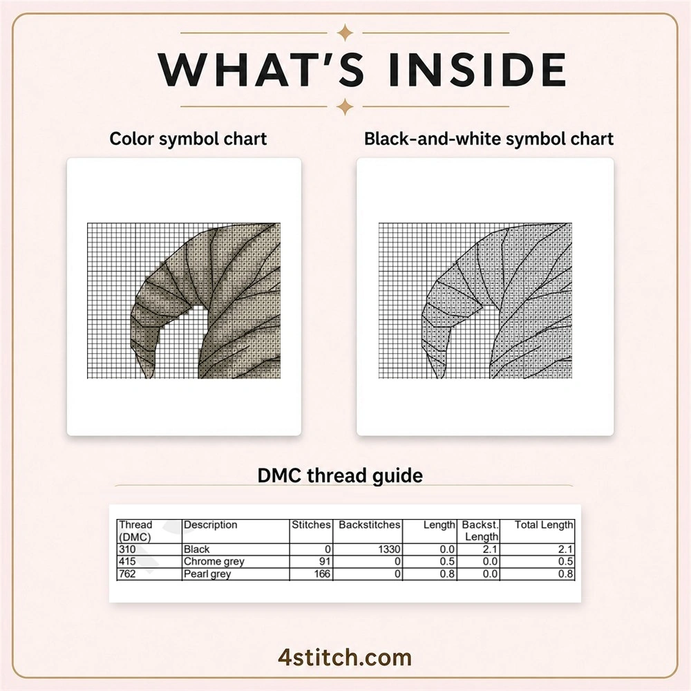 Partial color and black-and-white symbol chart previews with the first three factual DMC thread rows for the Mummy Halloween Gnome Cross Stitch Pattern.