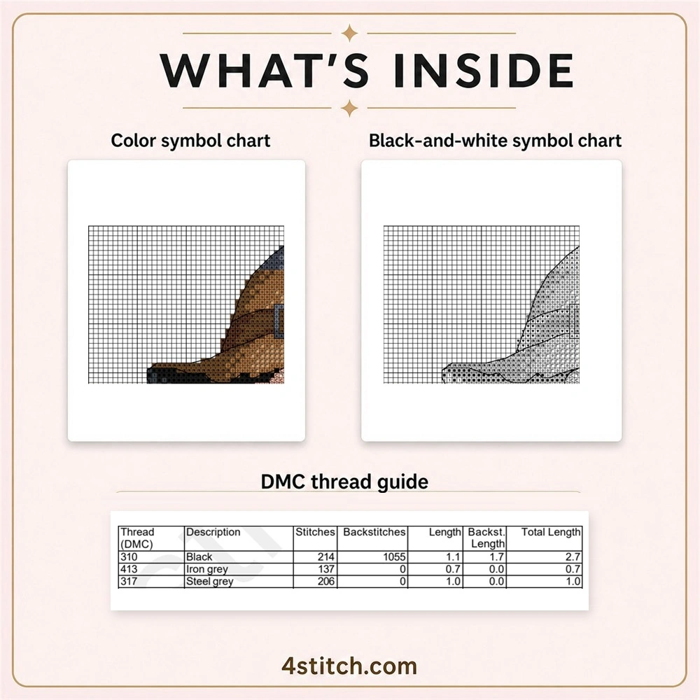 Partial color and black-and-white symbol chart previews with the first three factual DMC thread rows for the Pumpkin Basket Witch Gnome Cross Stitch Pattern.