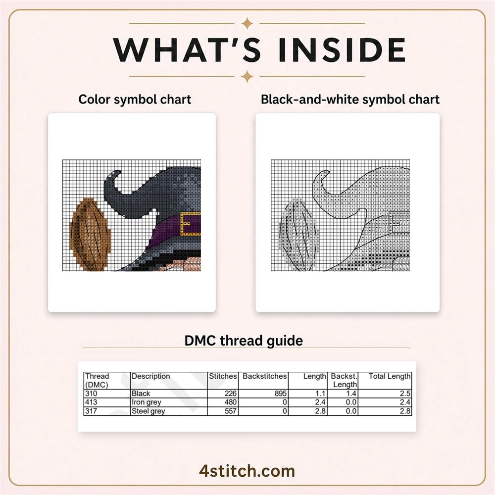 Partial color and black-and-white symbol chart previews with the first three factual DMC thread rows for the Broom and Pumpkin Witch Gnome Cross Stitch Pattern.