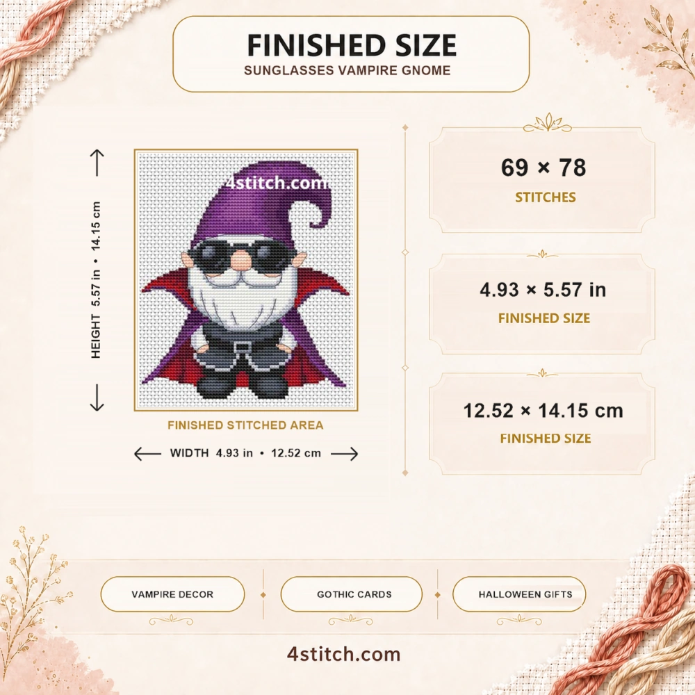 Finished size guide for the Sunglasses Vampire Gnome Cross Stitch Pattern: 69 × 78 stitches, 4.93 × 5.57 in (12.52 × 14.15 cm), with complete motif and width and height arrows.