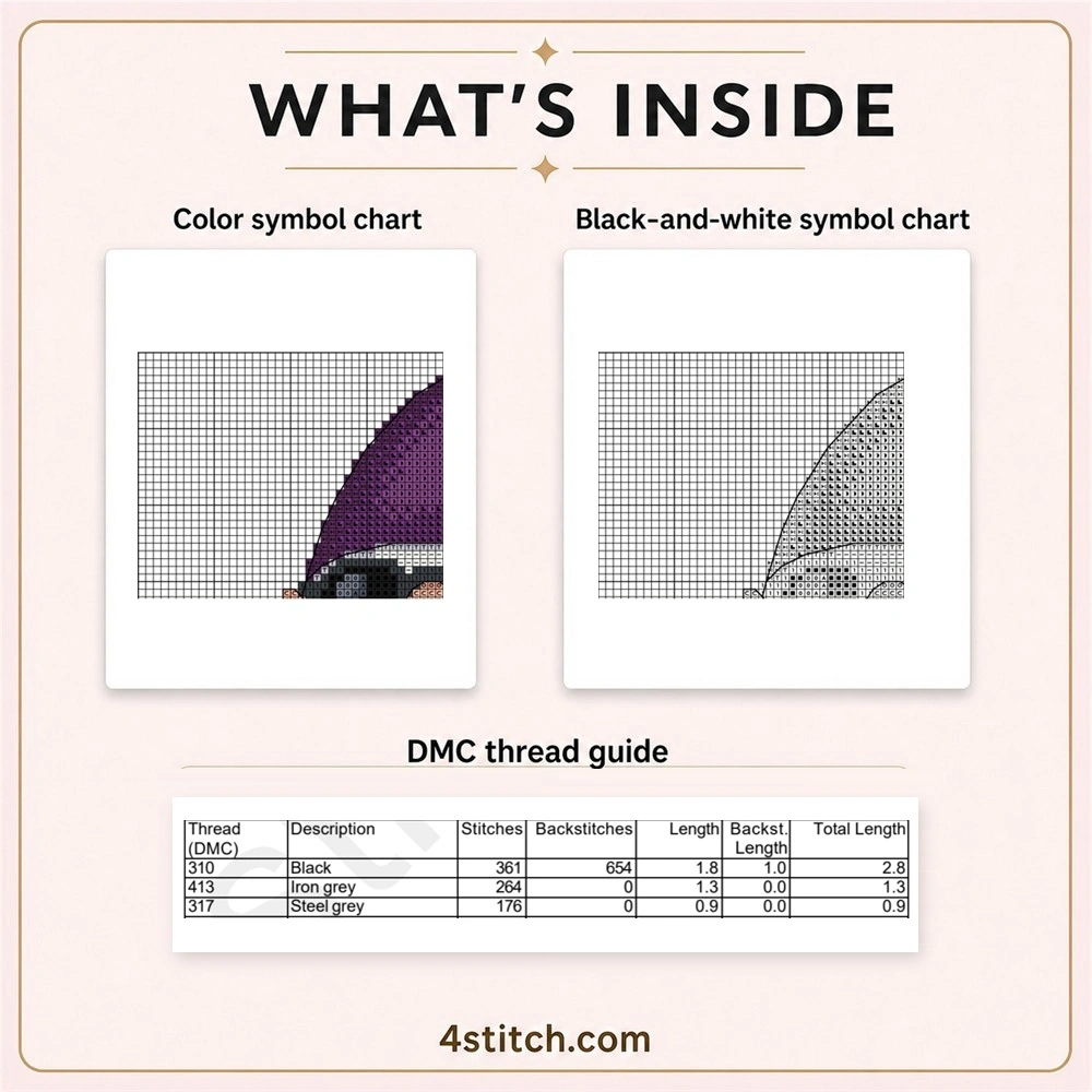 Partial color and black-and-white symbol chart previews with the first three factual DMC thread rows for the Sunglasses Vampire Gnome Cross Stitch Pattern.