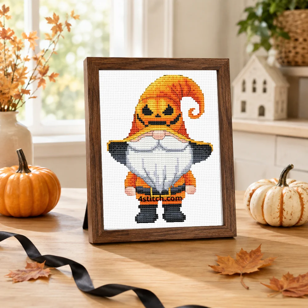 Framed Jack-o'-Lantern Hat Gnome cross stitch on white Aida in a bright autumn Halloween interior