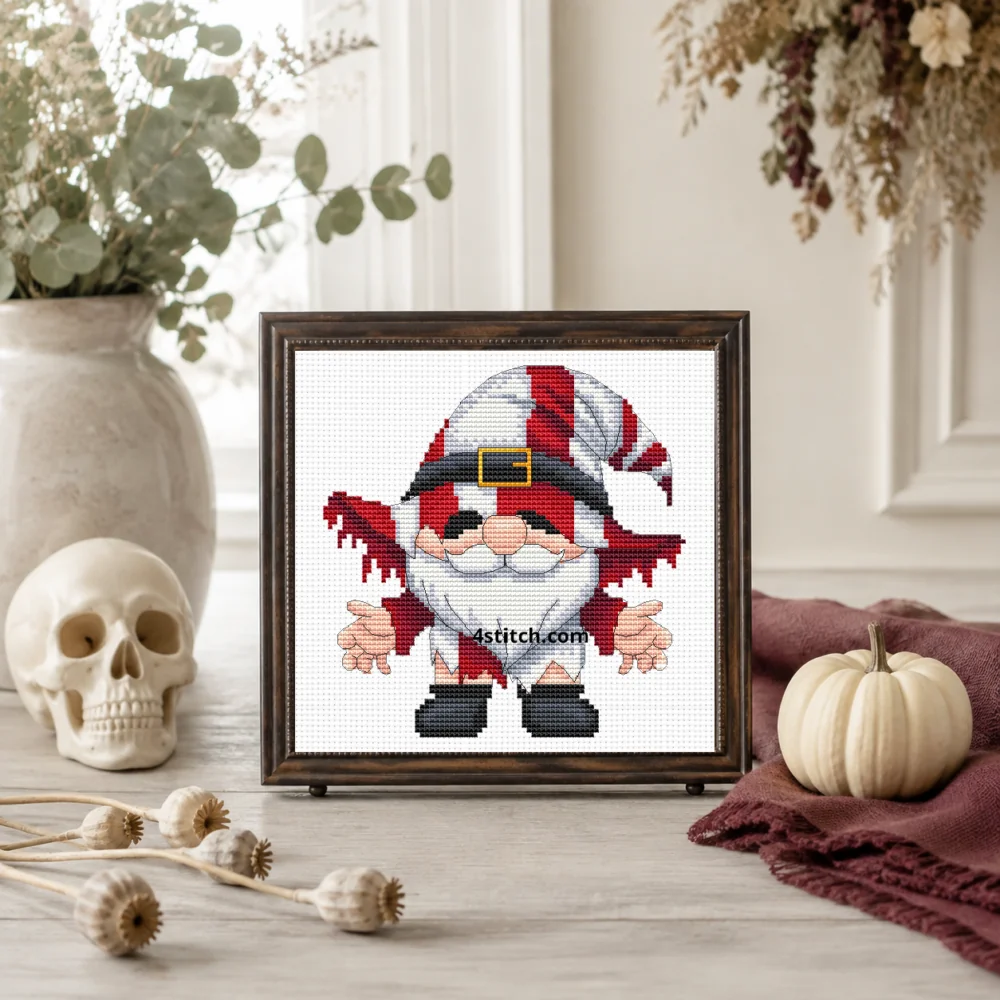 Framed Undead Halloween Gnome cross stitch on white Aida in a bright refined Halloween interior