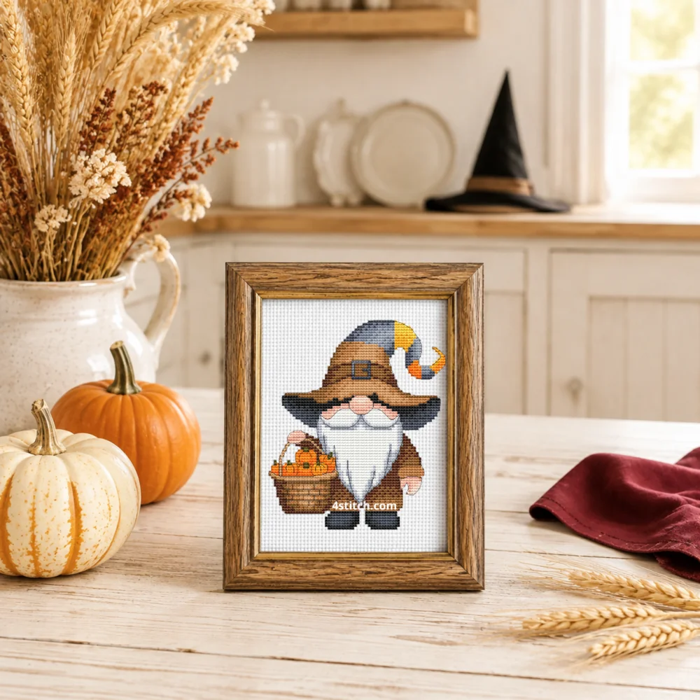 Framed Pumpkin Basket Witch Gnome cross stitch on white Aida in a bright harvest kitchen interior