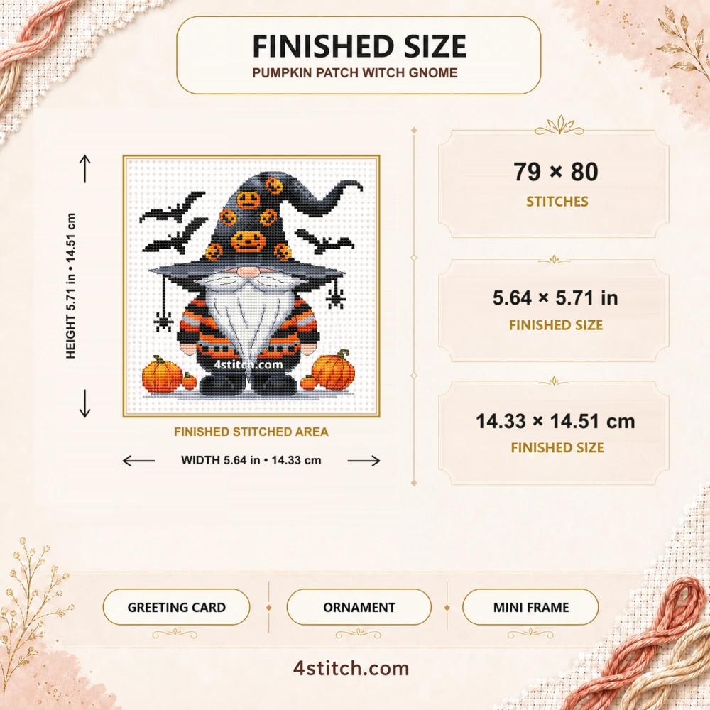 Finished size of Pumpkin Patch Witch Gnome Cross Stitch Pattern: 79 × 80 stitches, 5.64 × 5.71 in (14.33 × 14.51 cm) on 14-count Aida.